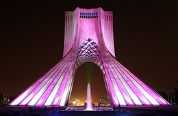 The Azadi Tower at night, Tehran, Iran.