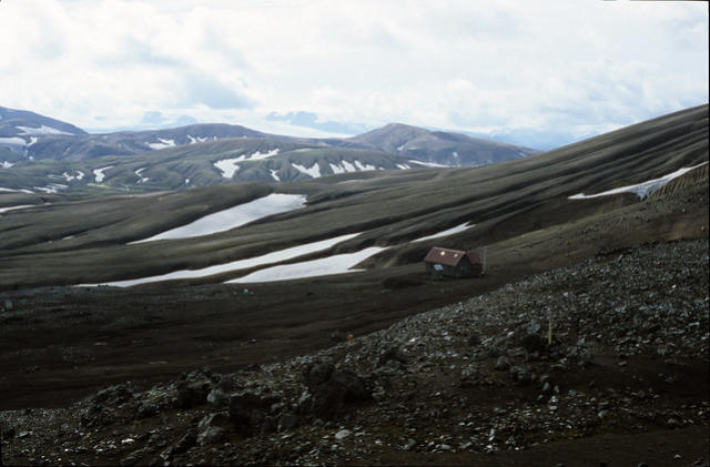 View of the Hrafntinnusker Hut, Iceland.