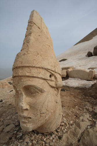Stone head on the Western terrace of Nemrut Dagi, Turkey